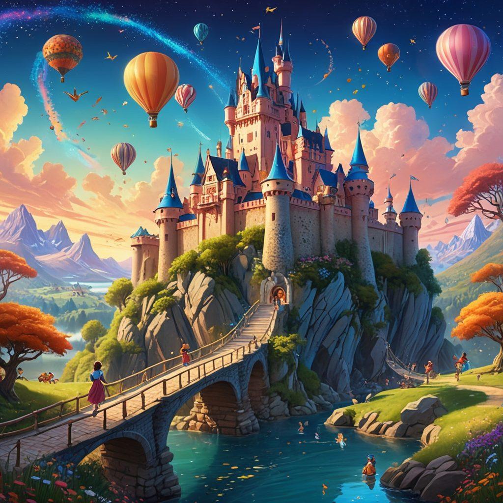 An enchanting scene depicting the transformation of whimsical characters from static illustrations into vibrant animated forms, with a playful family viewing the process in awe. Include a colorful background filled with fairy tale elements and dynamic movement effects that symbolize animation, creating a joyful atmosphere. Showcase a blend of traditional and digital art styles with fluid motions and smiling expressions. whimsical, vibrant colors, super-realistic.