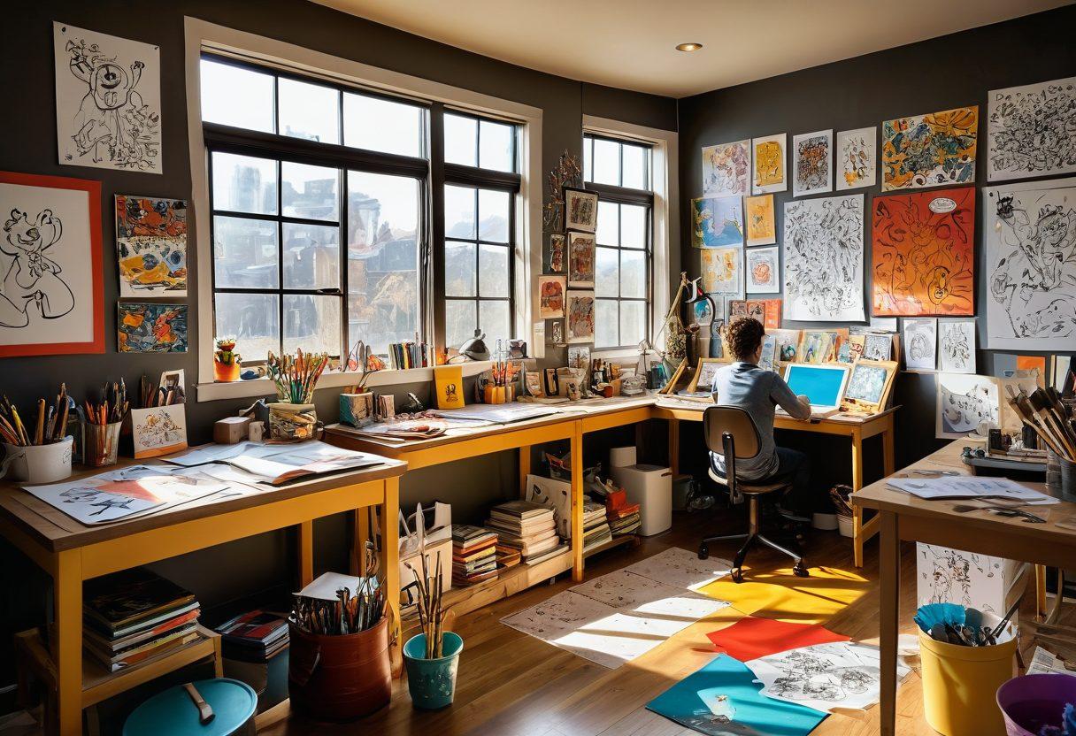 A lively scene of an artist's studio filled with colorful comic strips and animated sketches on the walls, with a cartoon character coming to life in the foreground, characters laughing and interacting in a whimsical setting. Various drawing tools, inks, and digital tablets scattered around enhance the creative chaos. Light streaming in through a large window adds warmth to the playful atmosphere. vibrant colors. cartoon style. whimsical.