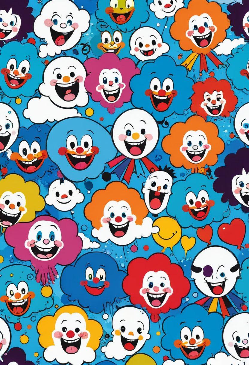 A whimsical scene featuring a diverse group of animated characters sharing laughter in a colorful comic strip format, surrounded by playful elements like speech bubbles filled with jokes and funny expressions. Incorporate elements that represent popular humorous series, such as exaggerated facial features and dynamic poses. The background should be vibrant with splashes of color, featuring iconic symbols of comedy like a clown nose, a comedy mask, and cartoonish clouds. vector art. bright colors. cheerful atmosphere.
